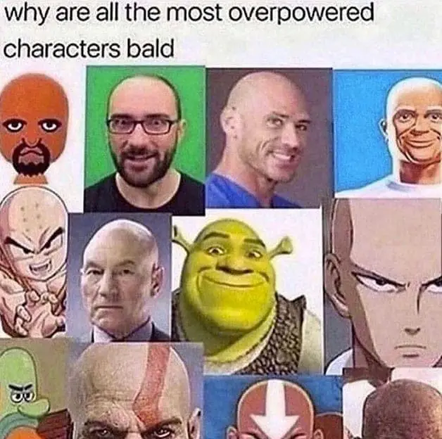 A collage joking that the most overpowered characters are bald