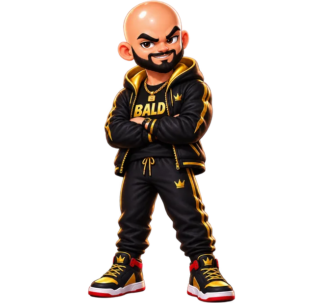 The ShinyBaldCoin mascot, a smiling bald character in his signature black and gold outfit