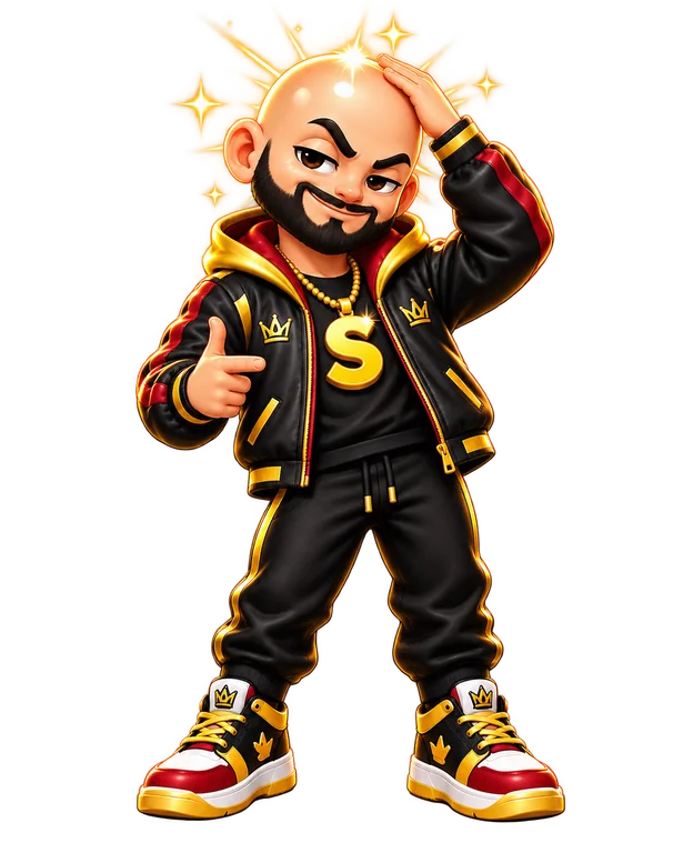 The ShinyBaldCoin character celebrating with a big smile